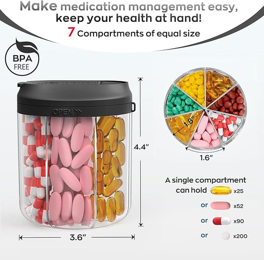 Pill Dispenser with 7 Large Compartments, Pill Organizer for Travel, Supplement Organizer with Anti-Mixing Design, BPA-Free Pill Container with 20 Pcs Labels, Black+ Grey