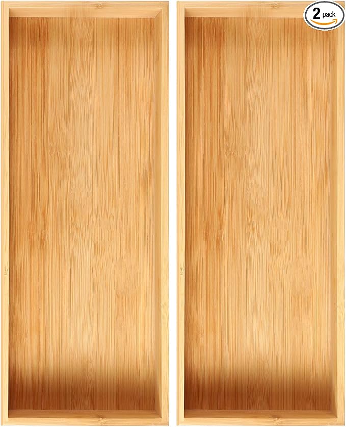 Fabsome Kitchen Utensil Drawer Organizer, Bamboo Silverware Cutlery Flatware Organizer Bins, Wooden Container Storage Trays for Bathroom Vanity Junk Drawer, 15" x 6" Set of 2