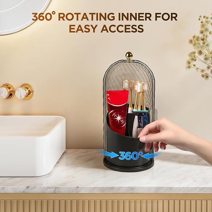 3 Slots Toothbrush Holders with Lid, Rotating Concealed Tooth Brush Holders for Bathroom, Countertop Toothbrush Holder with Cover, Toothpaste Holder for Bathrooms, Makeup Brush Holder(Black)