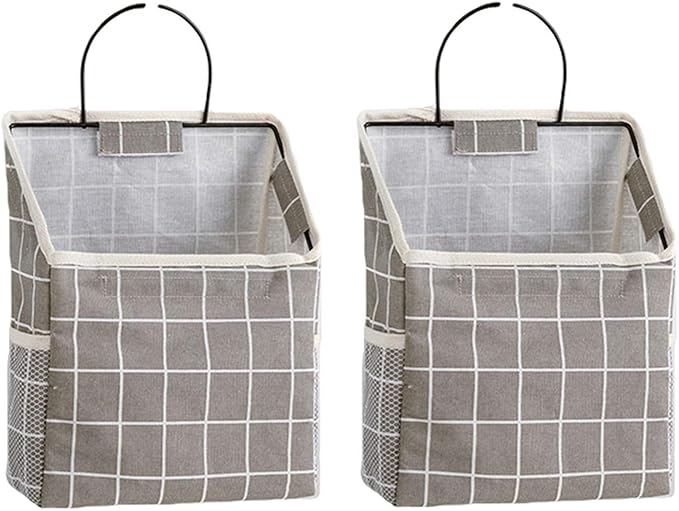2 Pcs Wall-Hanging Storage Bags,Desktop Organizer Basket Cotton Linen Hanging Storage Basket for Kitchen,Bderoom,Living Room-GreyGrid
