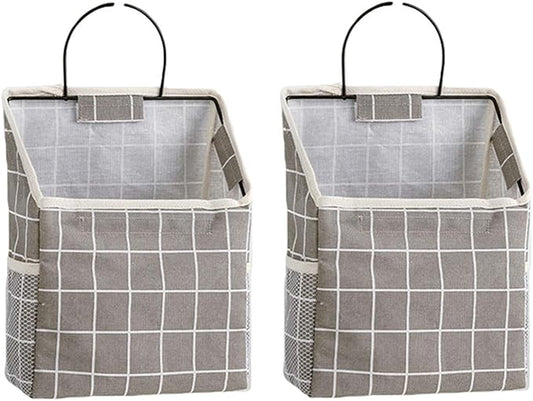 2 Pcs Wall-Hanging Storage Bags,Desktop Organizer Basket Cotton Linen Hanging Storage Basket for Kitchen,Bderoom,Living Room-GreyGrid