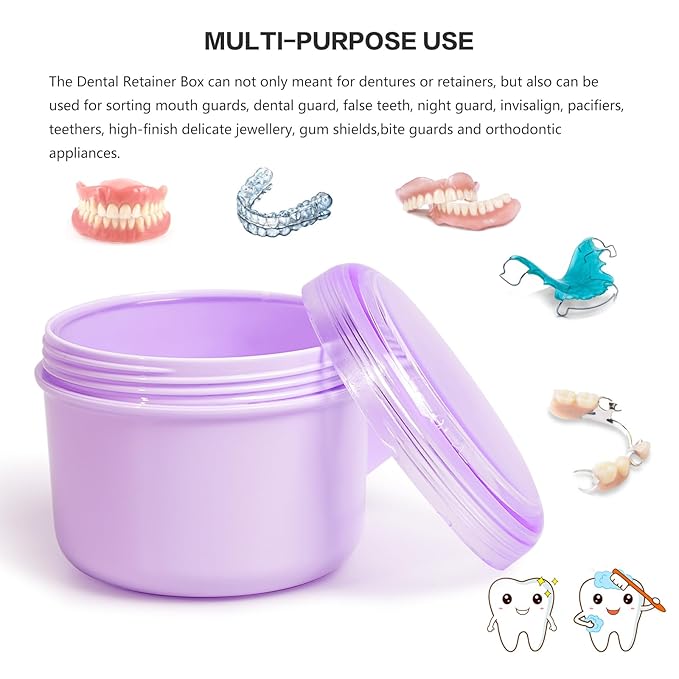 Large Denture Case, No-Leak Denture Container Cups for Soaking Full & Partial Dentures, Retainer Cleaning Box, Denture Bath Cup for Travel (purple)