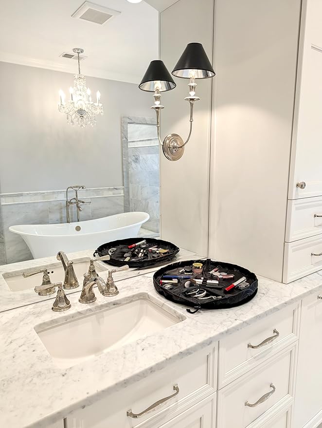 Lay-n-Go Cosmo Drawstring Cosmetic & Makeup Bag Organizer - Portable Drawstring Makeup Bag w/Zipper Pocket, Makeup Loops & More - Durable, Machine Washable Toiletry Bag (20", Comfort/Black Sherpa)