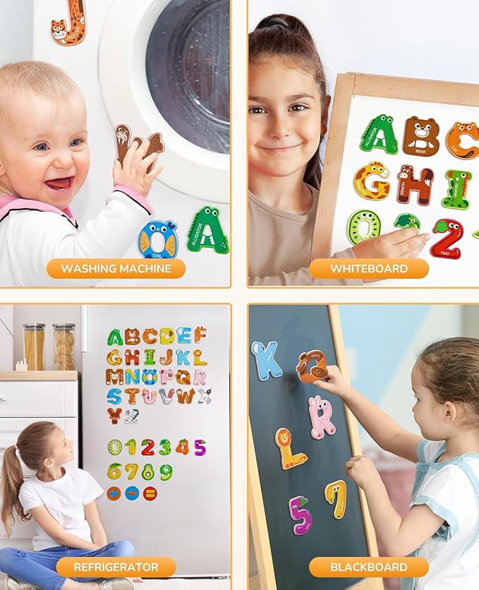 JoyCat Wooden Thick Alphabet Magnets for Toddlers Fridge Large Size Cute Animal Colorful ABC Magnetic Letters 26 Uppercase Letters 0-9 Numbers Toy Set for Kids Toddlers Preschool Learning Spelling
