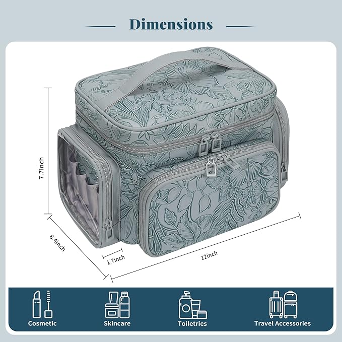 Large Makeup Bag, Portable Travel Makeup Bag Organizer for Women Girls with Makeup Brush Compartment & Two Side Pockets, Cosmetic Travel Bag Vertical Storage Toiletry - Floral Blue