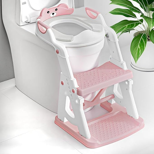 Potty Training Seat, 2 in 1 Potty Training Toilet with Step Stool for Boys Girls, Toddler Toilet Seat with Stabilizer Bar, Anti-Slip Pads and Splash Guard, Pink