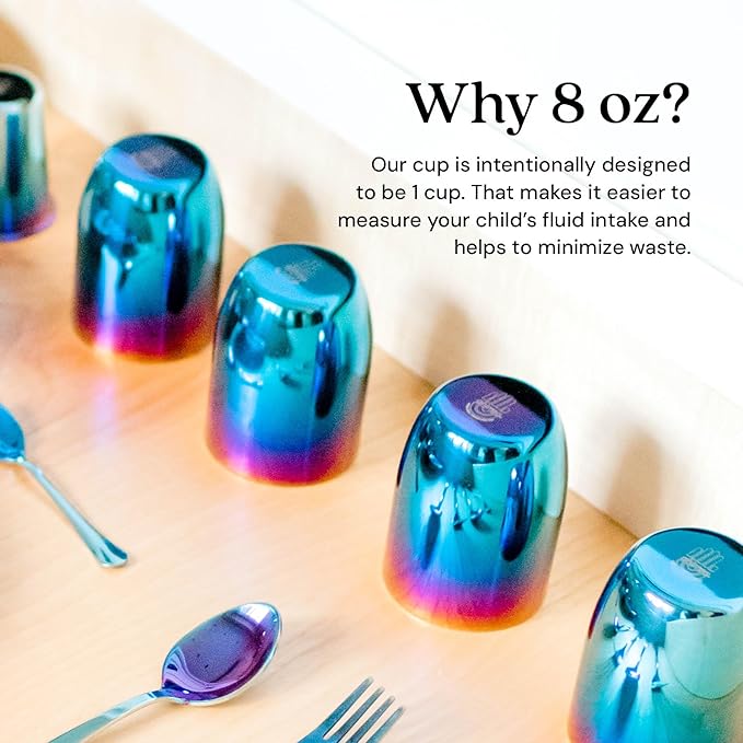 Ahimsa Stainless Steel Kids Cups, Pediatrician Designed, Colorful Toddler Cups for Open Cup Training, 8oz, 100% BPA Free & Dishwasher Safe, Iridescent Blue, Set of 4