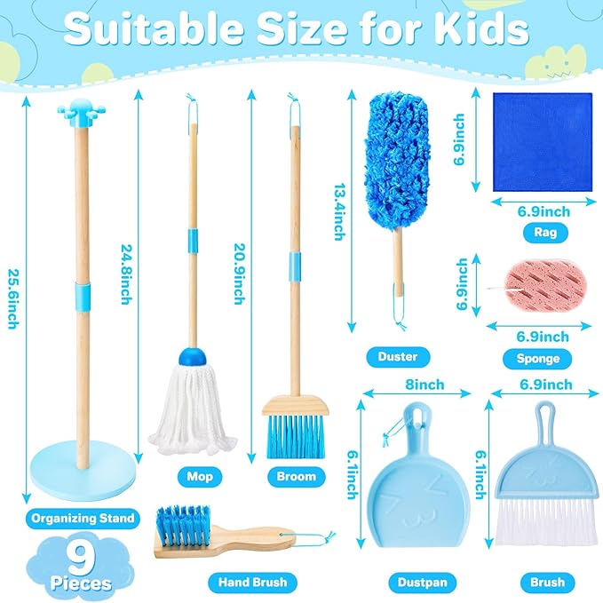 WHOHOLL Wooden Kids Cleaning Toy Set, Montessori Toys for Toddlers 3-5, Housekeeping Play Set Includes Broom Mop Duster Dustpan Sponge and Organizing Stand, Christmas Birthday Gifts for Boys Girls