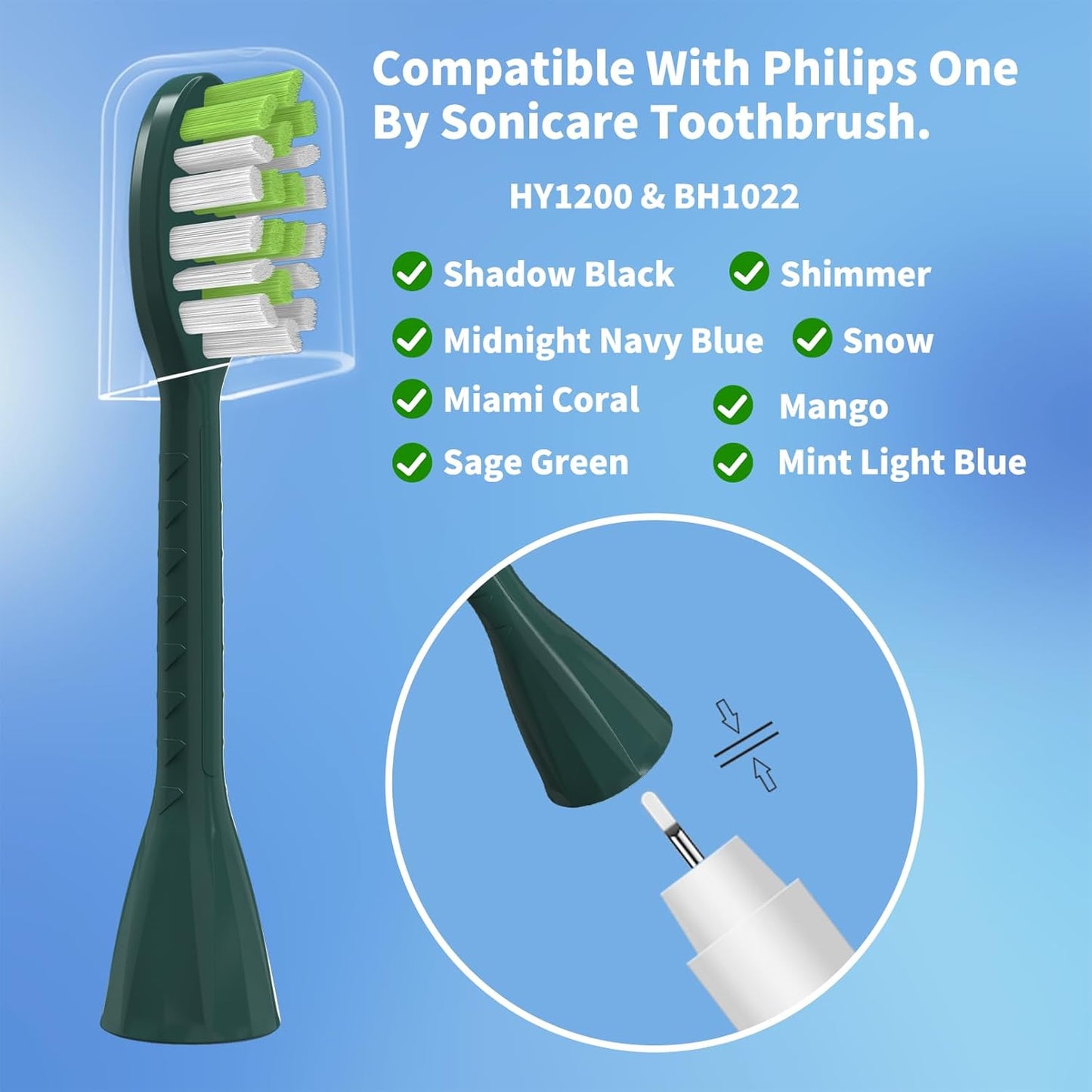 Toothbrush Replacement Heads Compatible with Philips One Series Sonicare Rechargeable Toothbrush BH1022/08, 10 Pack Replacement Heads, Soft Bristles, Sage Green