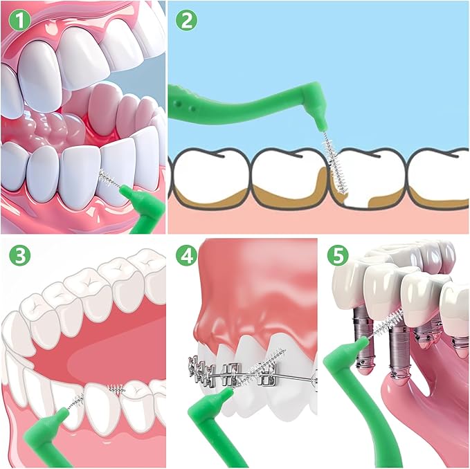 50pcs Interdental Brushes, Green Soft Dental Brushes with Non-Slip Handle Angled Head Tooth Picks Floss Sticks Dental Floss Brushes for Braces Oral Cleaning Narrow Gaps Between Teeth