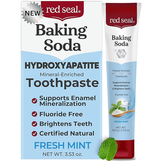 Red Seal Hydroxyapatite Baking Soda Toothpaste – Fluoride Free, NATRUE Certified Natural – Supports Enamel Mineralization and Brightens Teeth Naturally, SLS & Paraben Free, Vegan, Cruelty-Free
