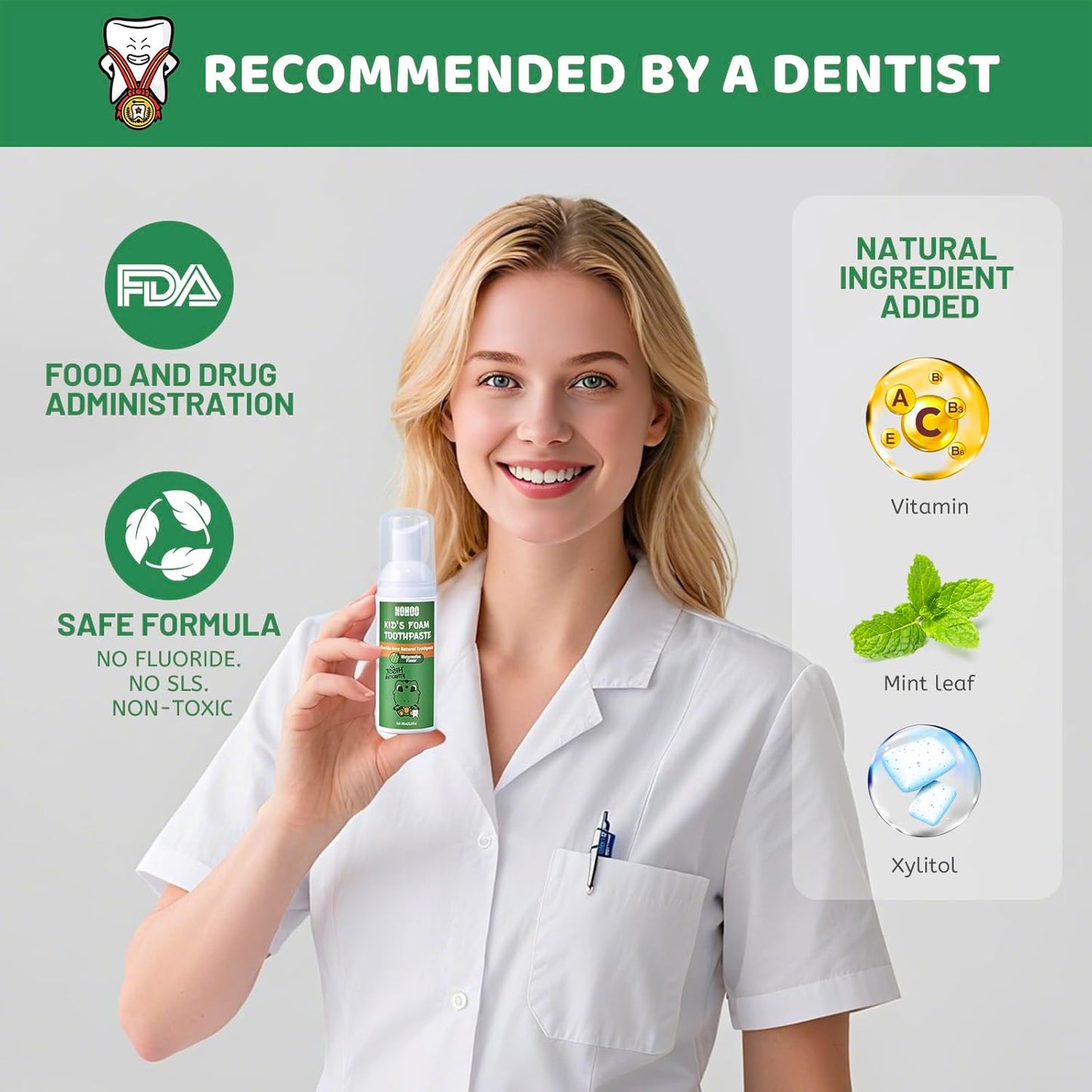 NOHOO Fluoride Free Foam Toothpaste Kids Watermelon,Natural Training Toothpaste for Baby Toddler Children Oral Cleaning and Cavity Protection(2 Pack)