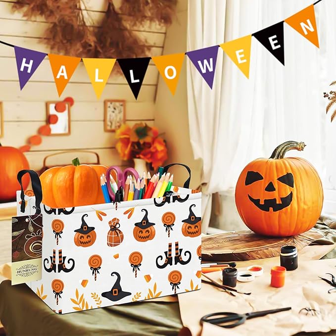 HUNRUNG Rectangle Storage Basket Cute Canvas Organizer Bin for Pet/Children Toys, Books, Clothes Perfect for Rooms/Playroom(REC-Candy Pumpkin)