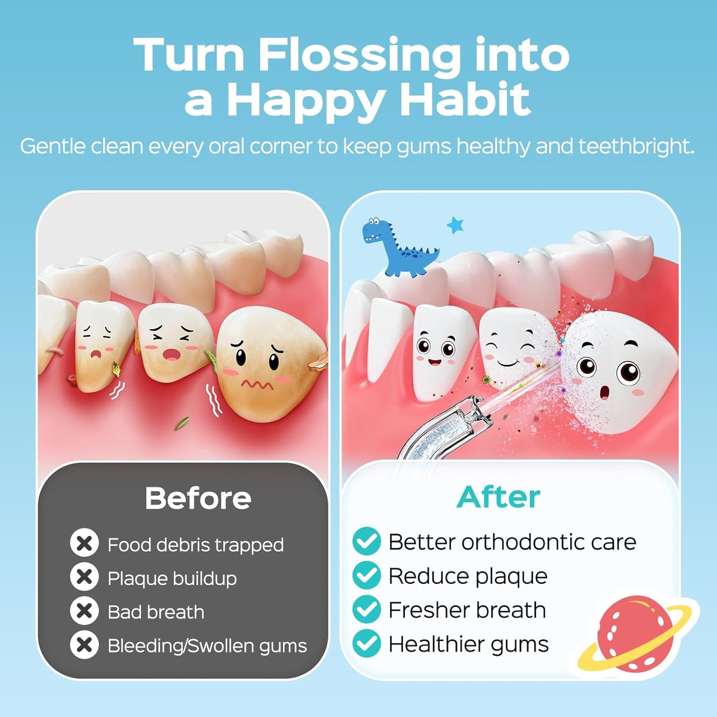 COSLUS Portable Water Flosser for Kids: 4 Gentle Modes for Ages 6+, Braces & Sensitive Teeth - with Fun DIY Stickers, 4 Storable Nozzles, Mini Compact for Home School & Travel Use, BPA-Free, Blue