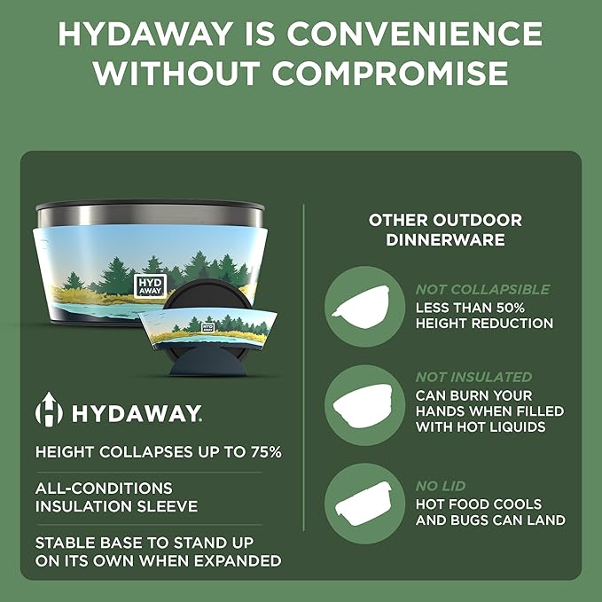 HYDAWAY 1-Quart Collapsible Insulated Bowl with Lid - BPA-Free, Leak-Resistant, Space-Saving Camp Bowl - Ideal for Hiking, Travel & Outdoor Meals