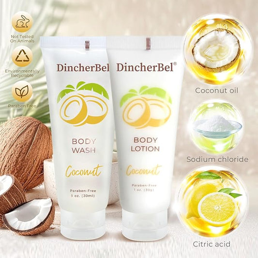 DincherBel Travel Size Body Wash and Body Lotion - Bulk Hotel Toiletries Supplies for Guests - Refreshing Tropical Coconut Scent Shower Gel and Body Cream for Men & Women (1 Fl Oz, 100 Pack)