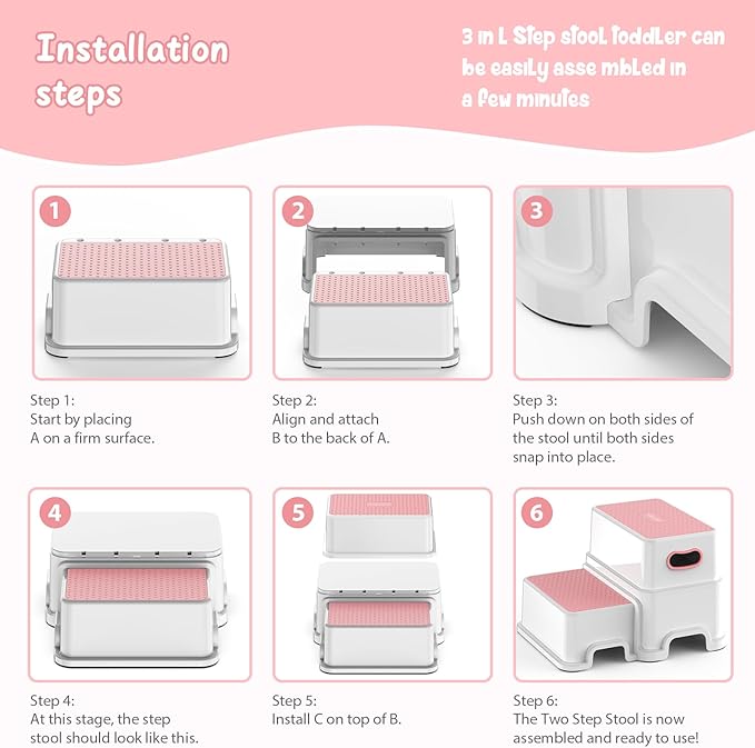 Victostar 2 Step Stool for Kids, Anti-Slip Sturdy Toddler Two Step Stool for Toilet Potty Training, Bathroom,Kitchen (Pink)