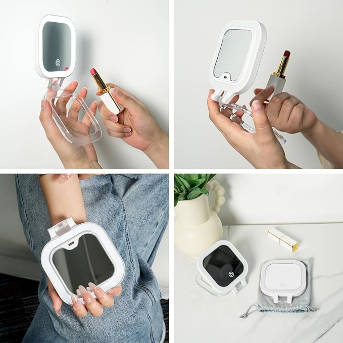 FUNTOUCH Compact Travel Mirror with Light, Rechargeable Double-Sided 1X10X Magnification with 3 Lights, Handheld Tabletop Portable Hanginig Mirror with Bag, Dimmable Touch Screen