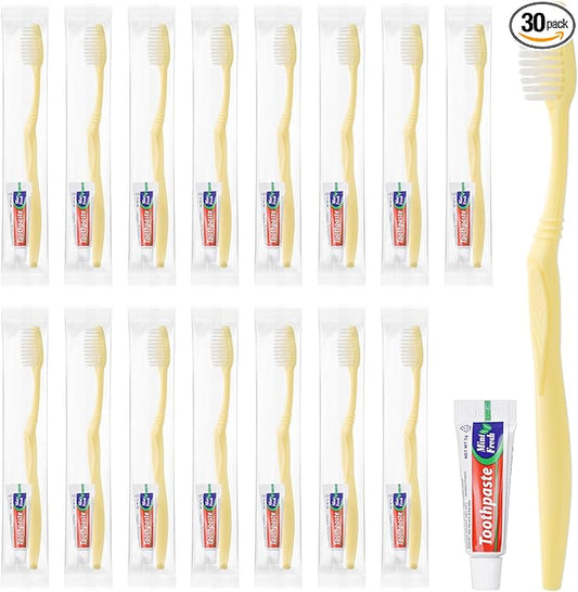 Disposable Toothbrush with Toothpaste Set, Individually Wrapped Soft Bristles Travel Size Manual Toothbrushes Kit in Bulk for Hotel/Travel/ Business/Donation/Homeless/Charity/Camping (30 Pack)