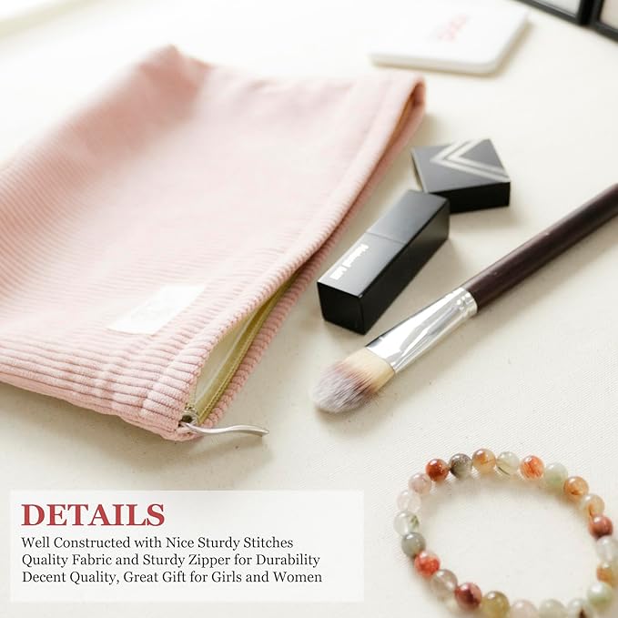 HAPPYHEIDI Large Corduroy Makeup Bag Pocket Cosmetic Toiletry Travel Pouch Office Car Accessory Organizer, Soft Creamy Tea White