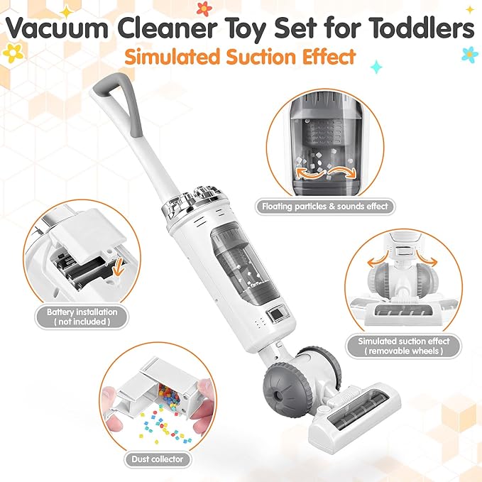 Kids Vacuum Cleaner Toy Set for Toddlers - 2PCS Toy Vacuum Sets for Toddlers 3+ Toddler Vacuum Toy That Works with Sound Effects, Baby Play Vacuum Pretend Role Play Household Housekeeping (White)