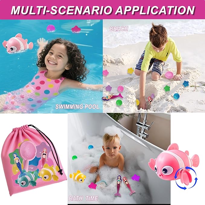 Baby Bath Toys for Kids - 20 PCS Little Mermaid Dolls, Wind Up Swimming Fish, Balls, Scoop and Storage Bag. Mold-Free Toddler Water Toys for Bathtub and Pool Diving, Gift for Girls Ages 1-3, 4-8
