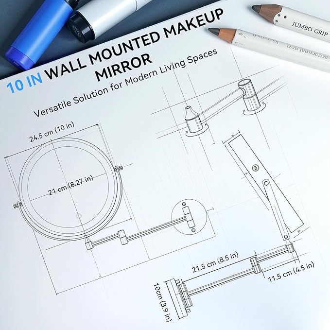 10'' 30X/1X Wall Mounted Lighted Makeup Mirror, 5000mAh Rechargeable Double-Sided Magnifying Mirror with Light, LED Vanity Mirror Touch Dimmable 3 Colors 360° Rotation Extended Foldable Arm, Chrome