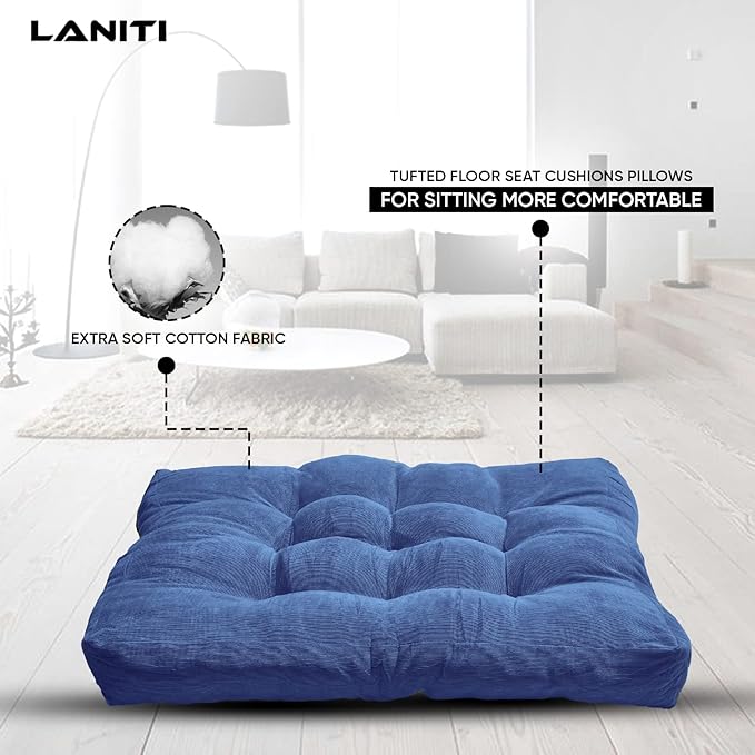 LANITI 24” Inch Extra Large Floor Cushions Tufted Floor Pillow for Adults Square Meditation Ultimate Comfort Oversized Pillows for Floor Cushion (Aqua)