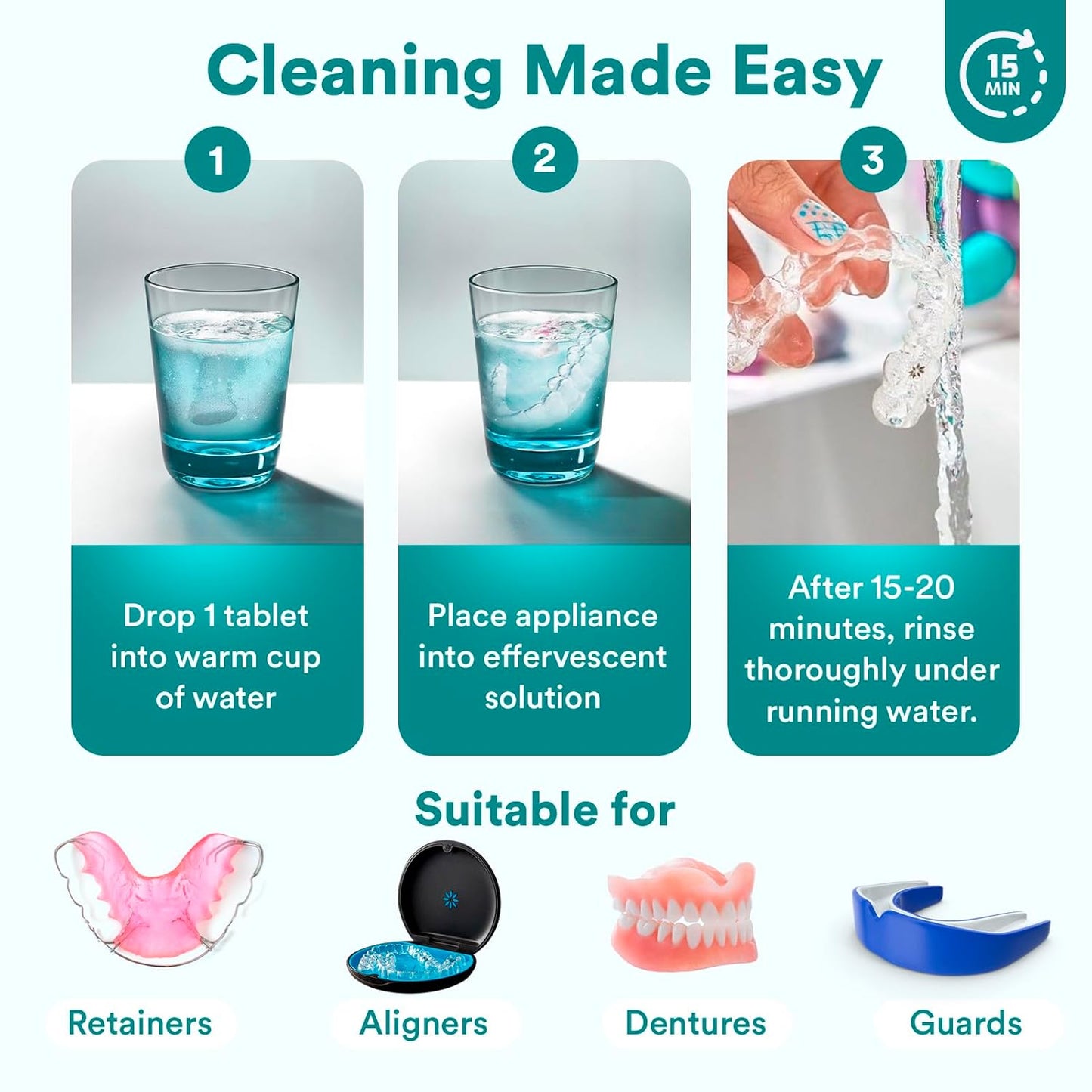 Weiss Naturals Retainer Cleaner Tablets, Invisalign Cleaner, Remove Stains, Odors & Plaque, PERSULFATE FREE Night Guard & Denture Cleaner 4-Month Supply, 120 Mint Scented Tablets