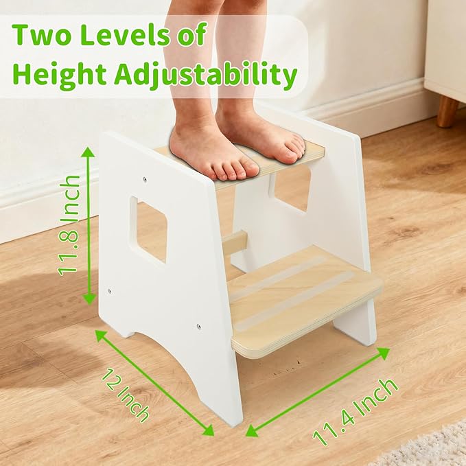 WOOD CITY Toddler Step Stool-Wooden 2 Step Stools for Bathroom Sink Potty Training Kitchen Stool Helper for Kids Bonus Non-Slip Pads and Handles for Safety White