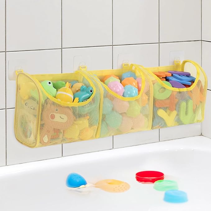 Goowin Bath Toy Storage, Bath Toy Holder, 3 Compartment Large Openings Bath Toy Organizer, Large Capacity Bath Tub Toy Holder, Kids Bathtub Toy Storage For Accessing & Sorting Toys (Yellow, Regular)