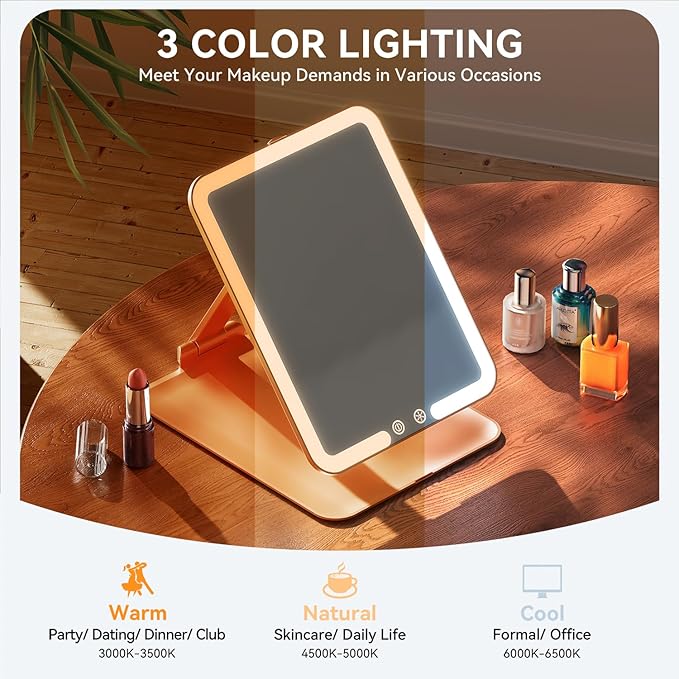 Auxmir Travel Makeup Mirror with Light, Portable Folding Lighted Travel Makeup Mirrot with 72 LEDs, Rechargeable Compact Vanity Mirror with 3 Dimmable Color Lights, Adjustable Stand, Rose Gold