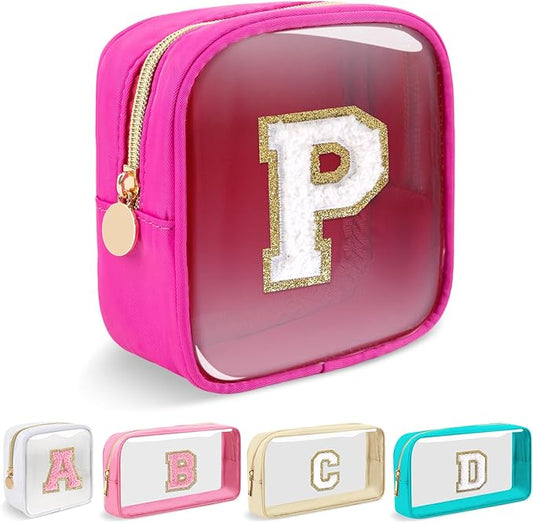 Mini Clear Personalized Initial Makeup Bag,Small Nylon Waterproof Zip Beach Cosmetic Pouch,Preppy A-Z Chenille Letter Patch Cute Coin Purse Travel Toiletry Bag Car Pack Bag for Women(Hot Pink-White P)