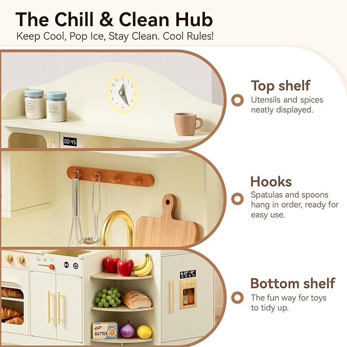 Play Kitchen for Kids with Rotating Design, Wooden Kids Kitchen Playset with Ice Maker, Toy Kitchen Set for Toddlers Girls Boys with Sink, Stove, Oven, Fridge, Microwave, Pearl White