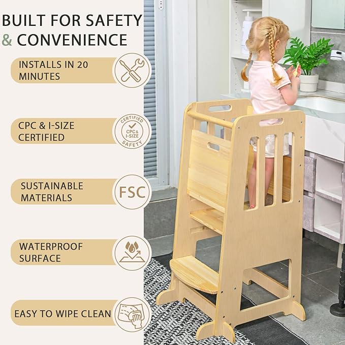 WINGYZ Toddler Kitchen Stool – Adjustable Helper Tower for Kids with Safety Rail, Wooden Standing Step-Up Stool, Sliding Door & Stable Base, Natural Wood