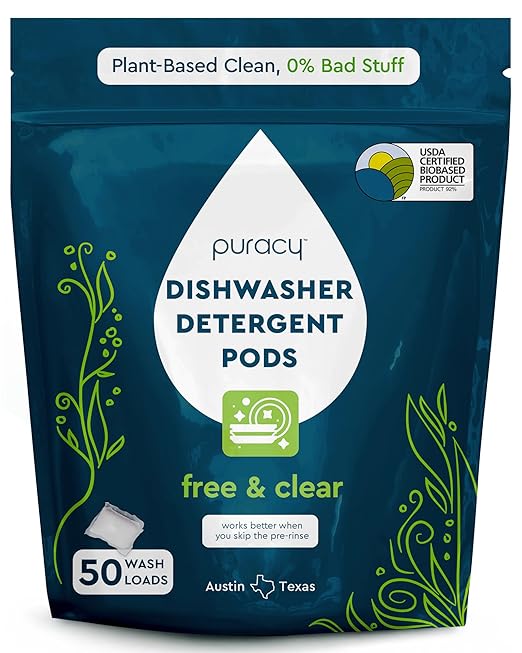 Puracy Dishwasher Pods, Natural Dishwasher Detergent, Free & Clear Dish tabs - Enzyme-Powered, Spot & Residue Free - TikTok Trend Items, Must Haves from TikTok Made Me Buy It (Free & Clear, 50 Count)