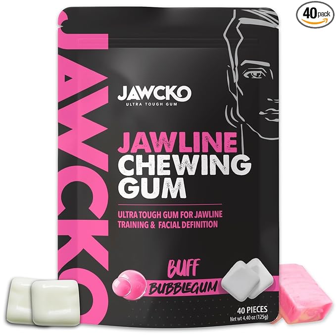 JAWCKO Ultra-Tough Jawline Chewing Gum | Get a Stronger, Squarer Jawline | Bubblegum Jaw Training Hard Gum | 15X Strength | Chisel, Sculpt, Tone your Jaw | Facial Fitness Mewing Gum | 40 Pieces/Pack
