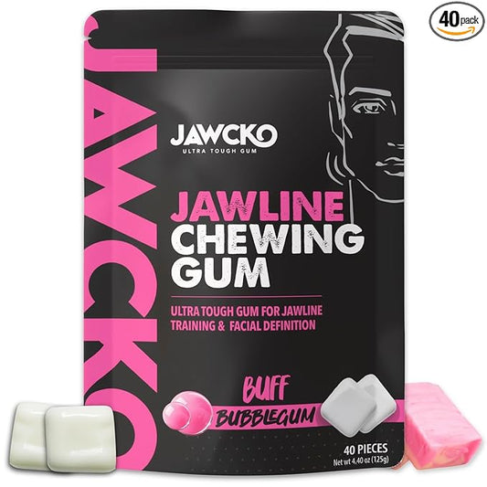 JAWCKO Ultra-Tough Jawline Chewing Gum | Get a Stronger, Squarer Jawline | Bubblegum Jaw Training Hard Gum | 15X Strength | Chisel, Sculpt, Tone your Jaw | Facial Fitness Mewing Gum | 40 Pieces/Pack