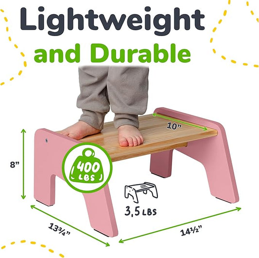 OCODILE 1-Step Wooden Step Stool for Toddlers | Kids Step Stool for Bathroom Sink, Kitchen, and Potty Training | Non-Slip Stool for Toilet Independence | Wooden Step for Children Ages 2+ Pink