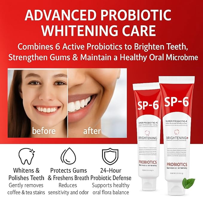 SP-6 Probiotic Whitening Toothpaste - Advanced Deep Stain Removal for Coffee, Tea & Smokers - Natural Teeth Whitener for Sensitive Enamel - Fresh Breath Mint Flavor [2 Pack / 2x100g]