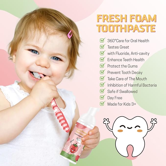 Foam Toothpaste Kids, Kids Foam Toothpaste, Toddler Toothpaste with Low Fluoride for U Shaped Toothbrush, Children Oral Cleaning for Ages 3 Plus (2PCS, Watermelon+Blueberry)
