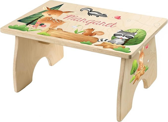 Step Stool for Toddlers- Personalized Wood Kids Step Stool with Name for Kitchen Sink, Bathroom, Potty Training, Toilet, Kitchen Sink- Sturdy and Safe- Made in USA by BloomOwl (Woodland- Pretty)
