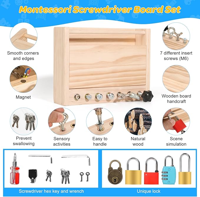 Montessori Screwdriver Board Set-Lock and Key Toy,Montessori Busy Board Toys for 3 4 5 Year Old,Kids Tool Set,Preschool Learning Sensory - Fine Motor Skills - STEM Toys