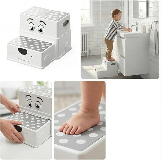 UNCLE WU 2 Step Stool for Kids & Toddlers - Anti-Slip Potty Training Stool for Bathroom Sink, Toilet & Kitchen, 150 lbs Capacity, Lightweight & Sturdy (Grey)