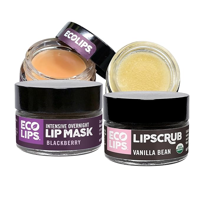 Eco Lips Vanilla Bean Lip Sugar Scrub & Blackberry Intensive Overnight Lip Repair Mask Duo - 100% Organic Lip Care Treatment - Gently Exfoliate, Polish, & Repair Dry, Flaky Lips