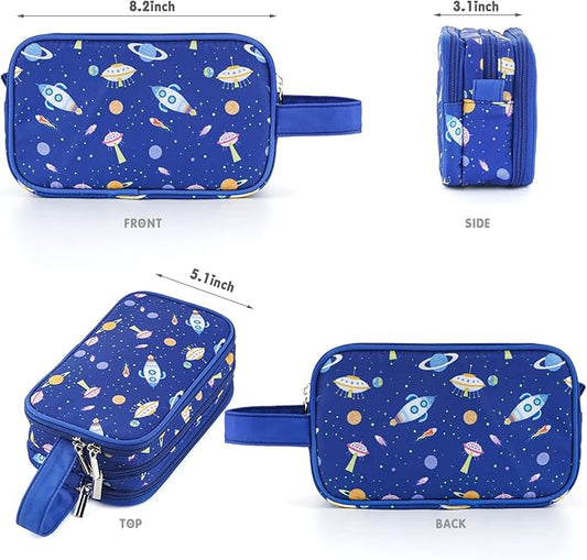 Kids Toiletry Bag for Boys, Travel Toiletry Bag for Little Young Boys Waterproof Hanging Wash Bag Toddler Traveling Toiletries, Space Blue