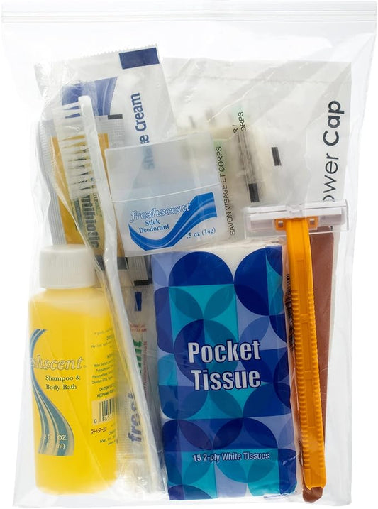 Moda West 24 Kits - Bulk Case of Wholesale Deluxe 15 Piece Toiletry Kit for Men, Women, Travel, Charity