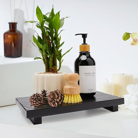 Renawe Black Bathroom Counter Organizer Wooden Display Pedesta Stand Kitchen Countertop Trays Farmhouse Wood Riser Dish Soap Dispenser Holder for Bathroom Decor Kitchen Sink Accessories Vanity Tray