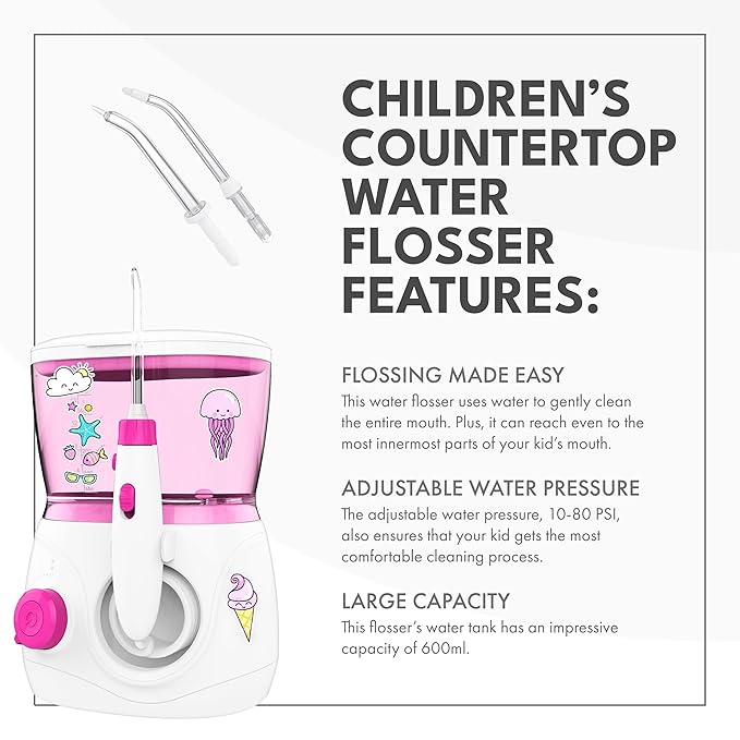 ToiletTree Products Children's Countertop Water Flosser - Dental Oral Irrigator for Kids - BPA-Free Dental Water Flosser with 600mL Capacity and Adjustable Water Pressure - Pink