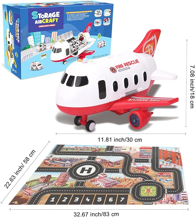 Dwi Dowellin Airplane Toys with Fire Truck Cars Toy Set and Play Mat,Plane with Light Up and Sounds,Birthday Gift for 3 4 5 6 Years Old Kids Boys Girls(Medium)